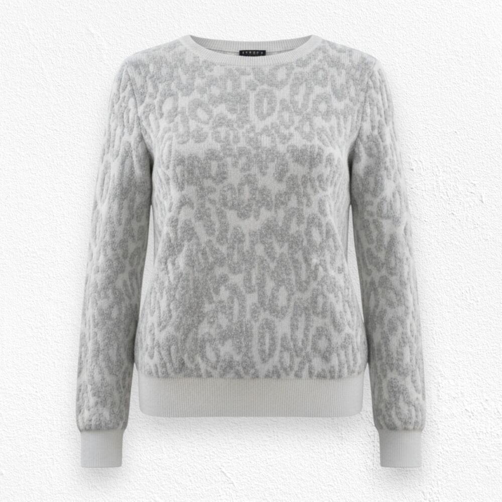 Theory Gray Wool Leopard Print Jacquard Sweater Soft Knit Minimalist Size Medium